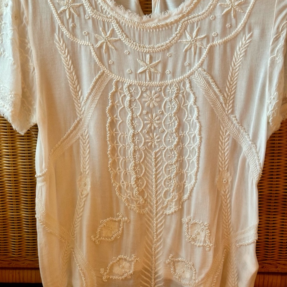 H&M White Embellished Short Sleeve Bib Collar Blouse beaded with pearls